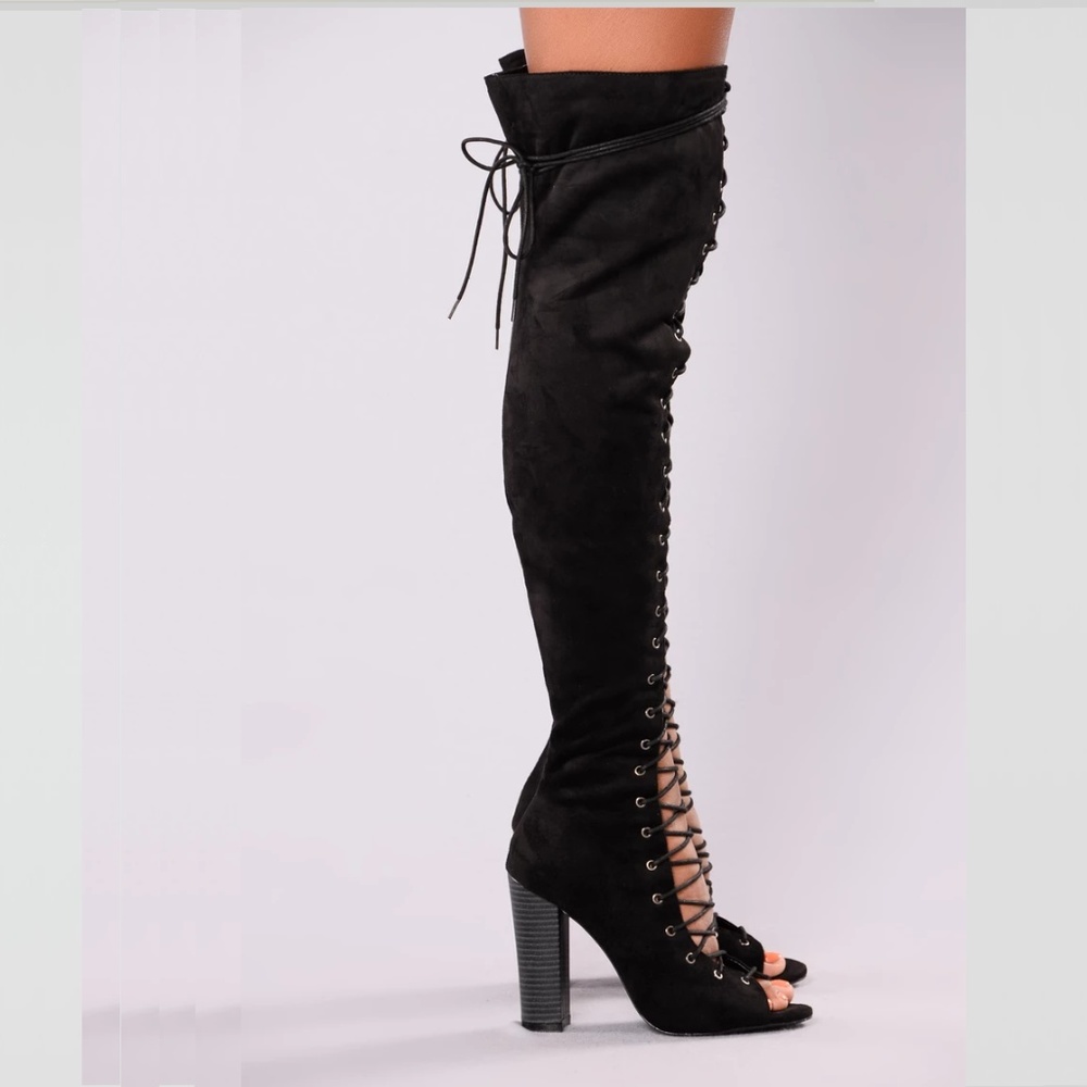 Black Lace-up Open Toe Boots - Picture 4 of 7
